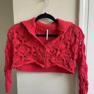 Free People Pink Red Open Knit Cropped Cardigan Button Front Collared Sweater XS